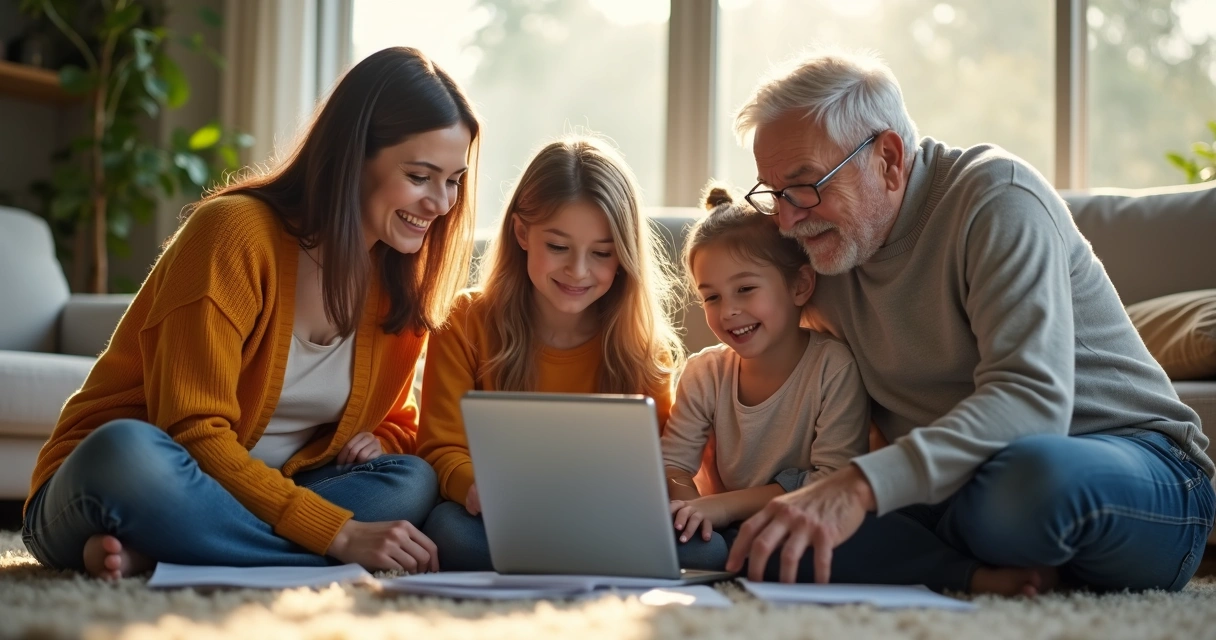 Família reunida na sala tomando decisão em conjunto 