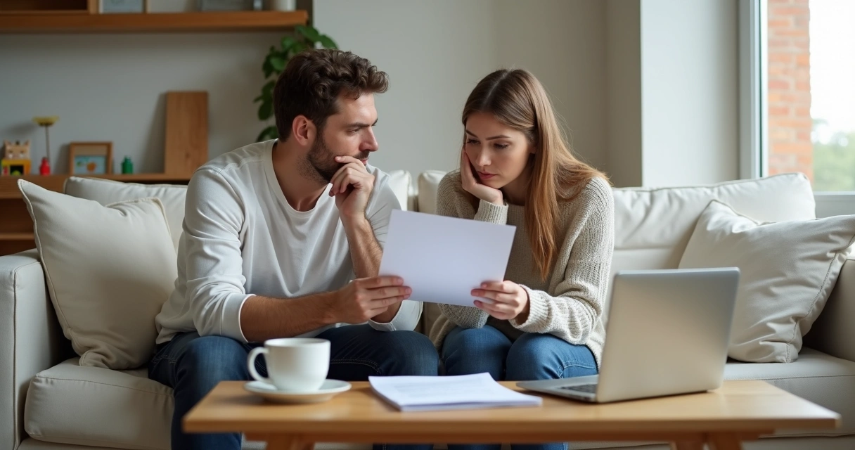 Pareja sentada en el sofá mirando un documento familiar con expresiones de duda 