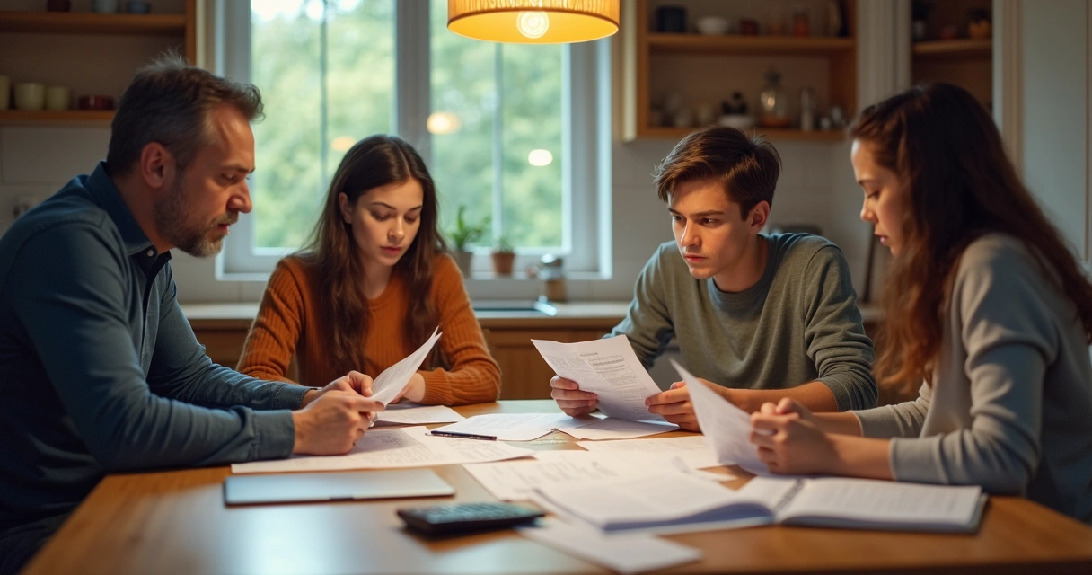 Família conversando séria sobre finanças ao redor da mesa