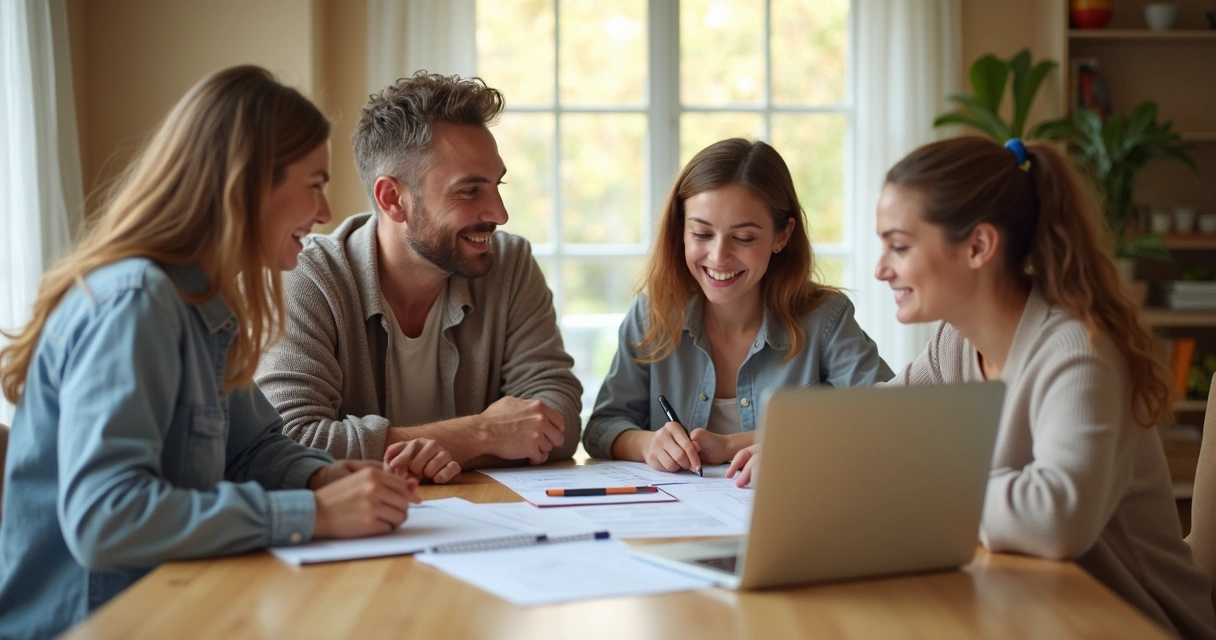 Família sentada ao redor de uma mesa discutindo decisões financeiras