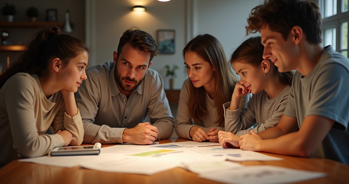 Família reunida discutindo finanças com serenidade e cadernos na mesa