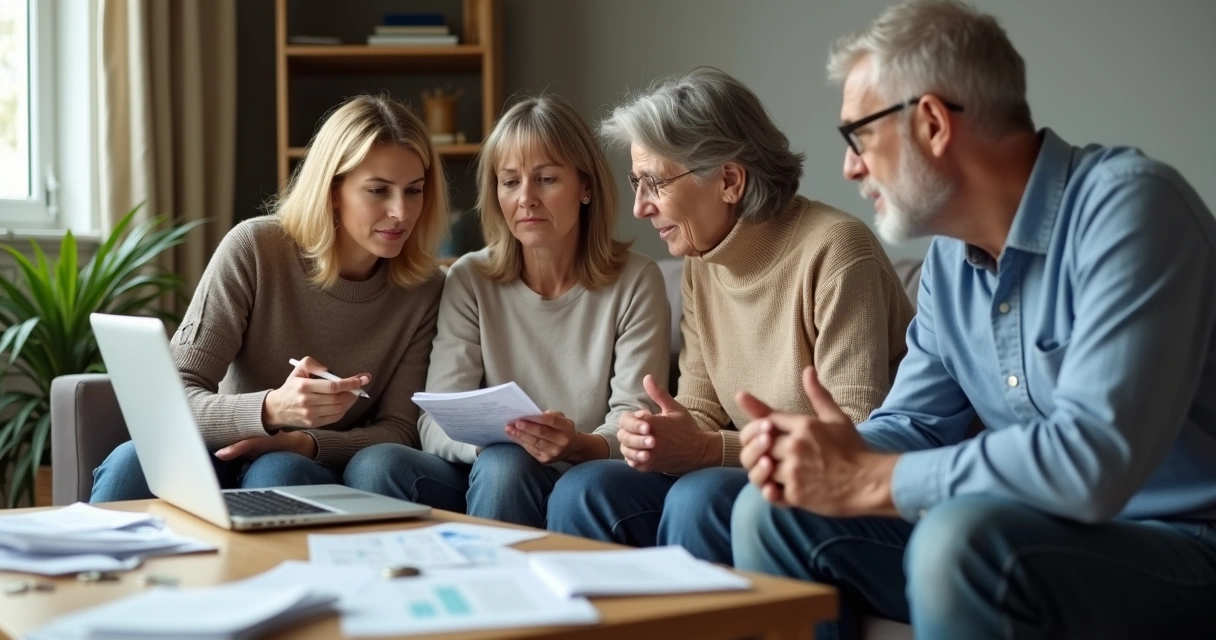 Família sentada no sofá discutindo contas e decisões financeiras 