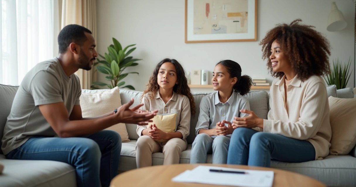 Família sentada no sofá conversando calmamente sobre limites pessoais 