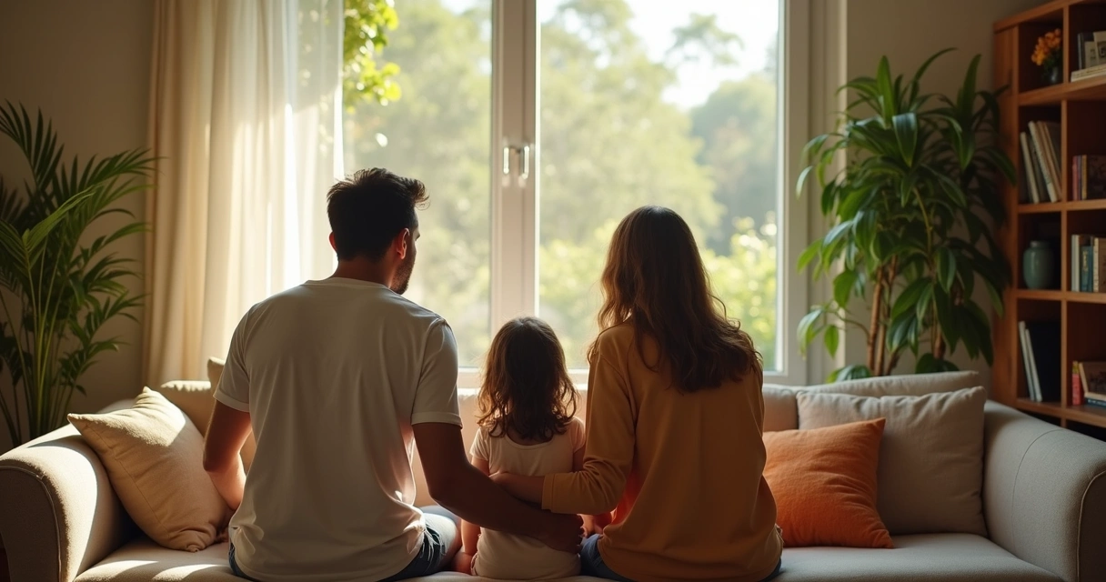 Família observando a janela protegida por tela em casa 