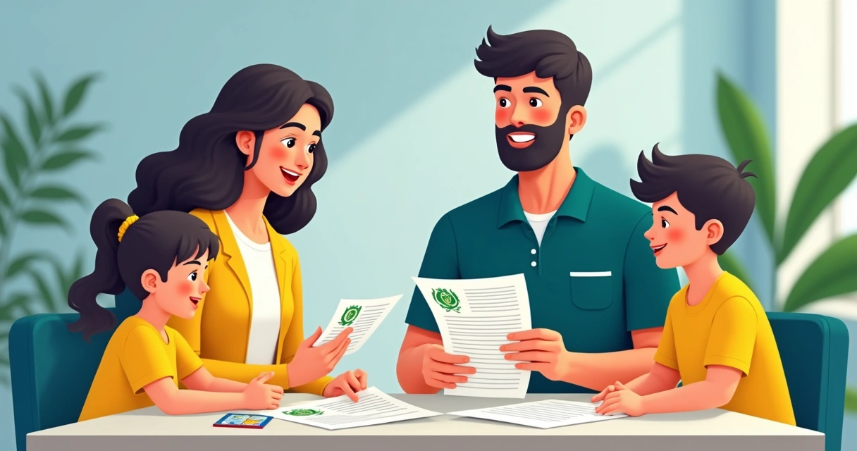 Família com documentos em uma mesa, analisando papéis juntos