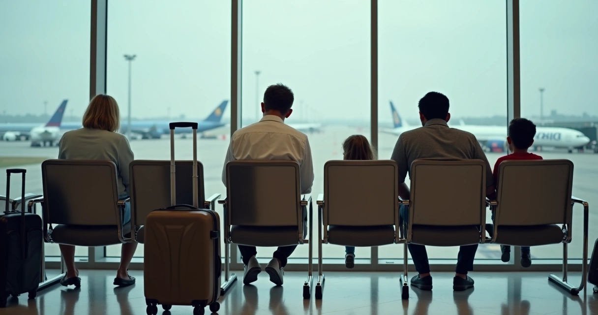 Família desanimada sentada em cadeiras do aeroporto 