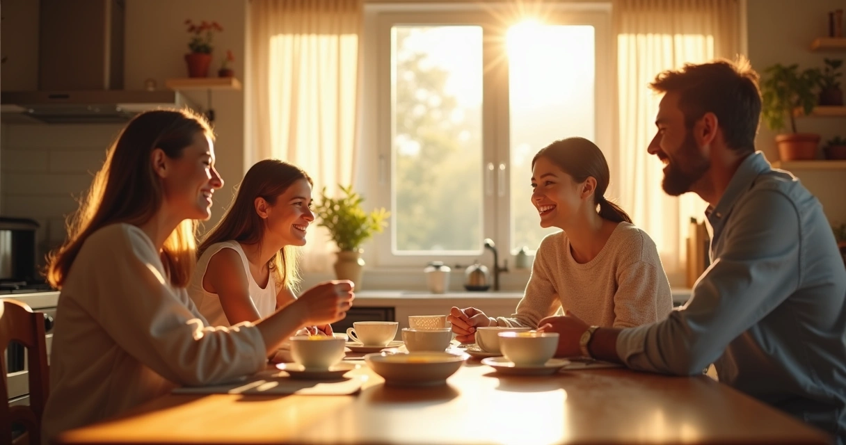 Familia desayunando junta, luz suave matinal, gestos de conversación y sonrisas. 