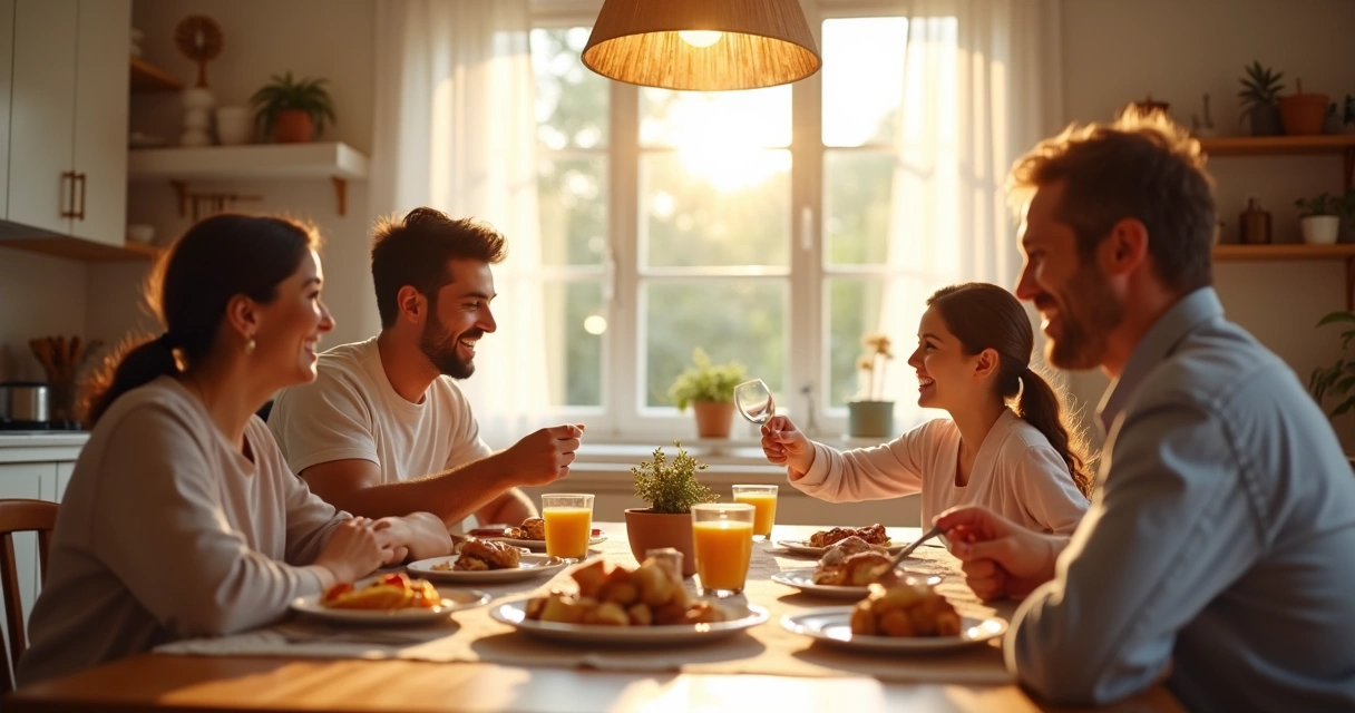 Familia desayunando junta en la mesa de la cocina 