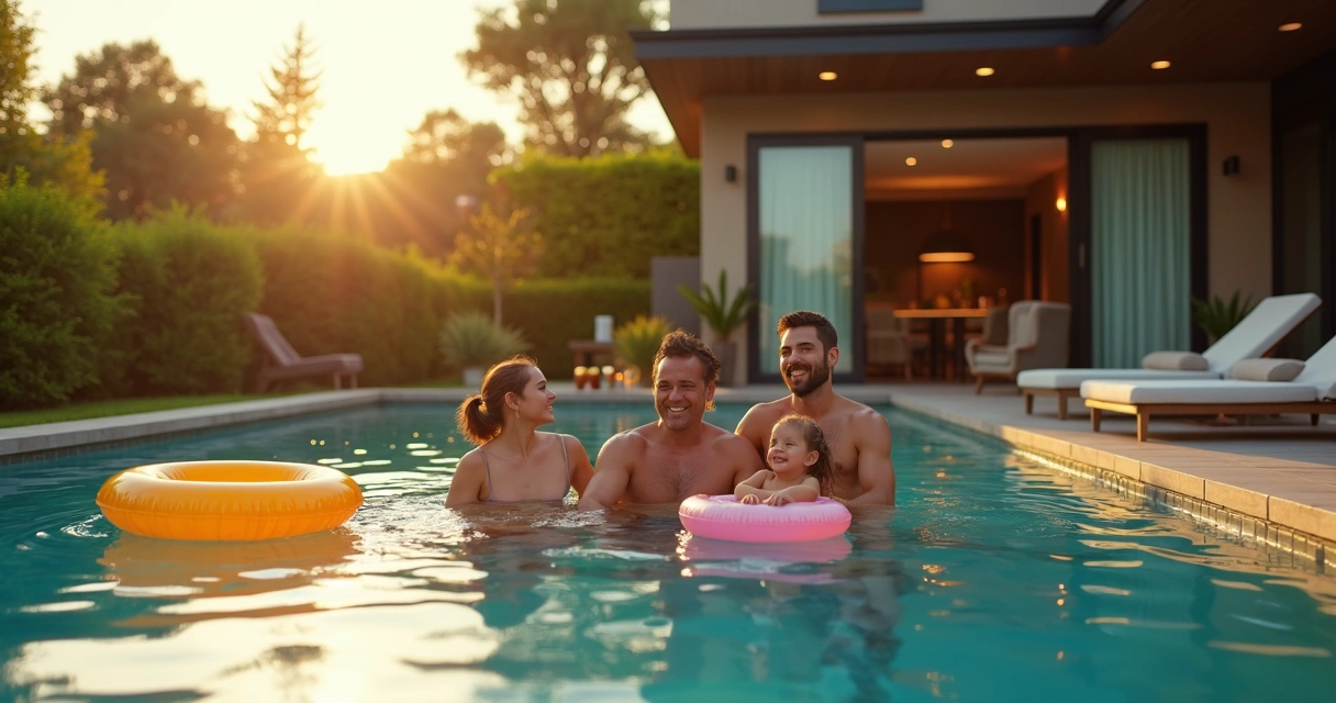 Família descansando em casa de temporada com piscina próxima de Orlando 