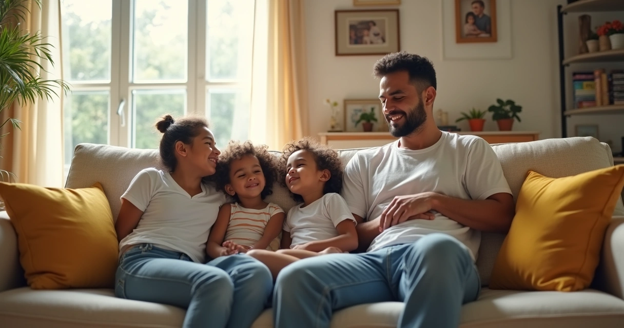 Família reunida no sofá, relaxando juntos durante uma tarde de sol na sala de estar 