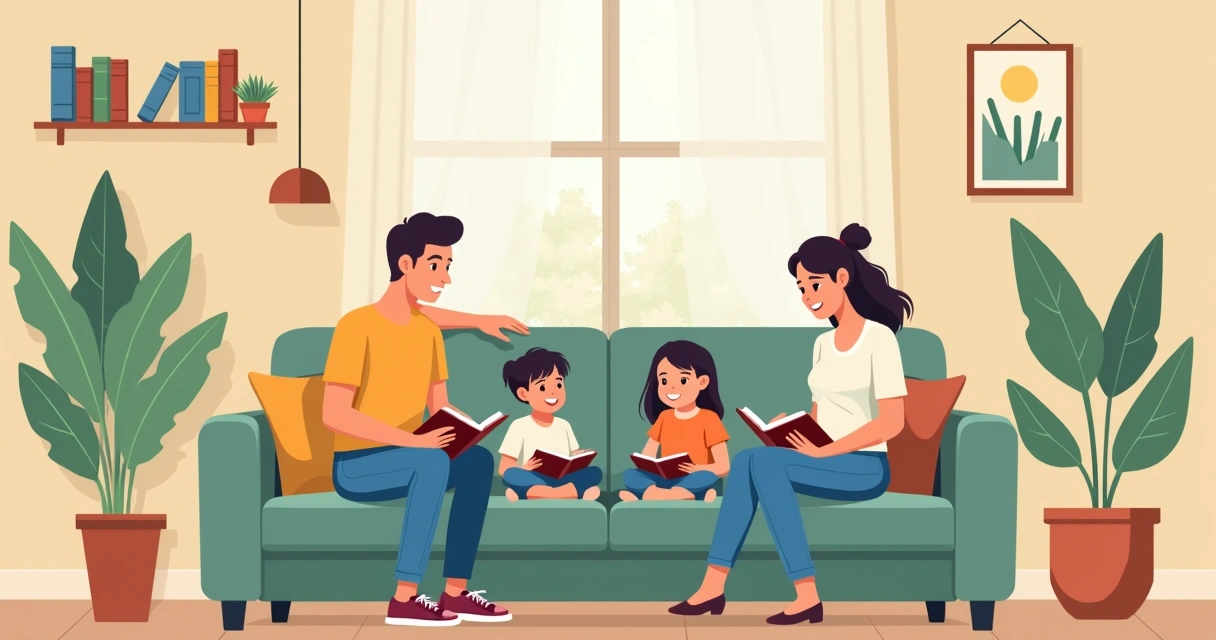 Família relaxando em sofá limpo, crianças lendo, ambiente iluminado 