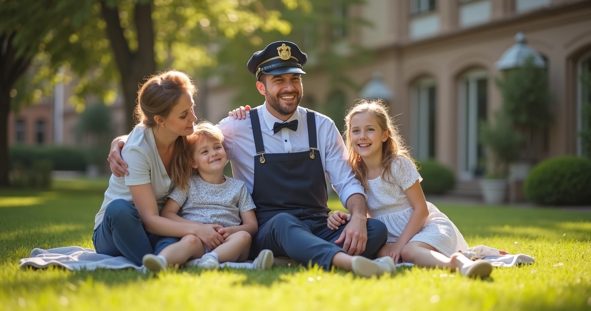 Funcionário de hotel com uniforme junto à família em momento de lazer no jardim 
