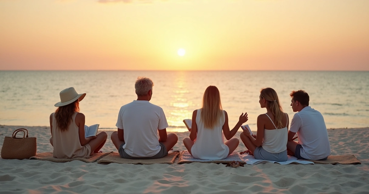 Grupo diverso relaxando em esteiras na praia ao pôr do sol 