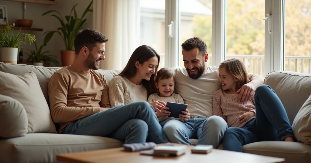 Familia compartiendo sin usar dispositivos 