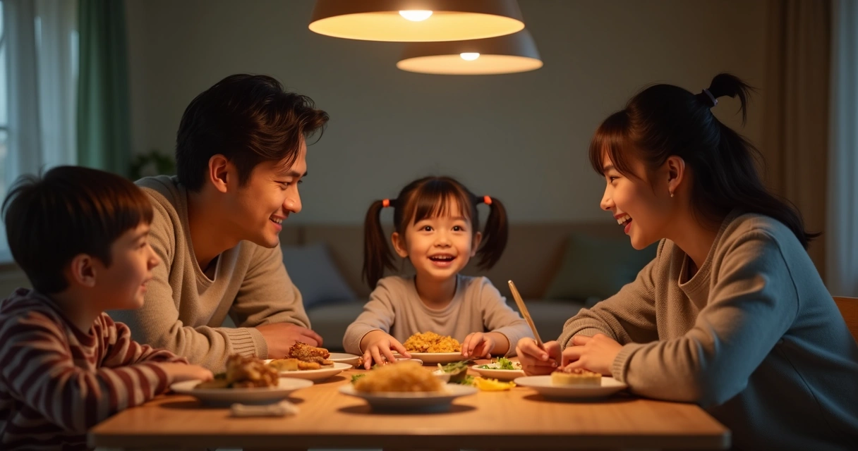 Família reunida conversando sem celular à mesa 