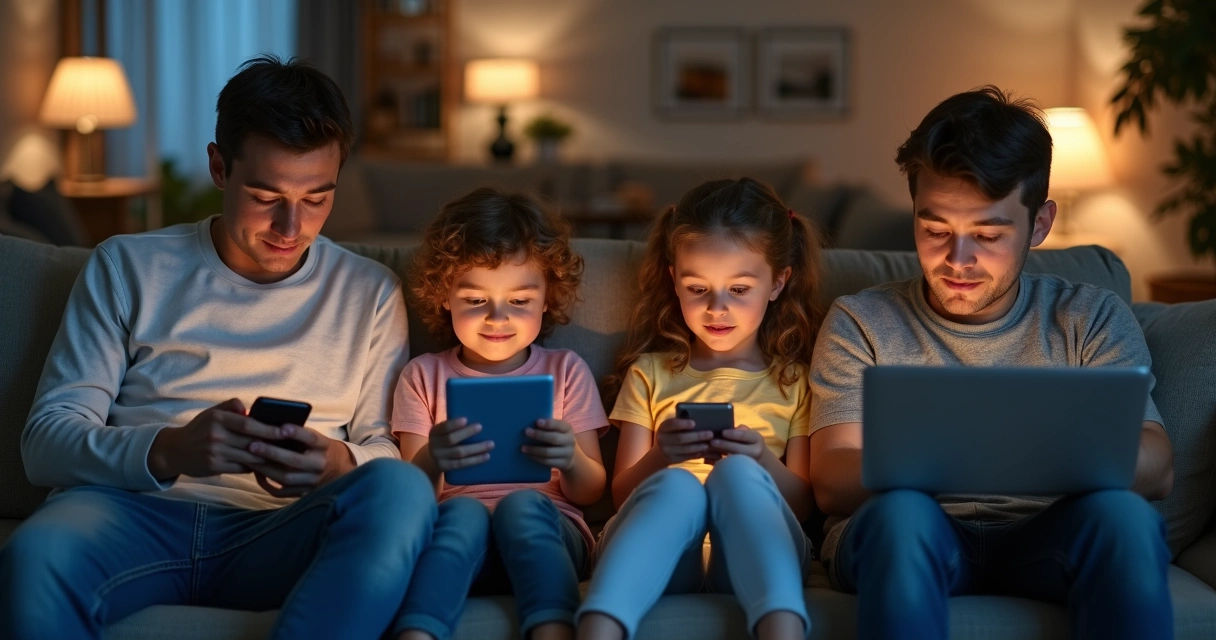 Família sentada junta, mas olhando para telas ao invés de conversarem 