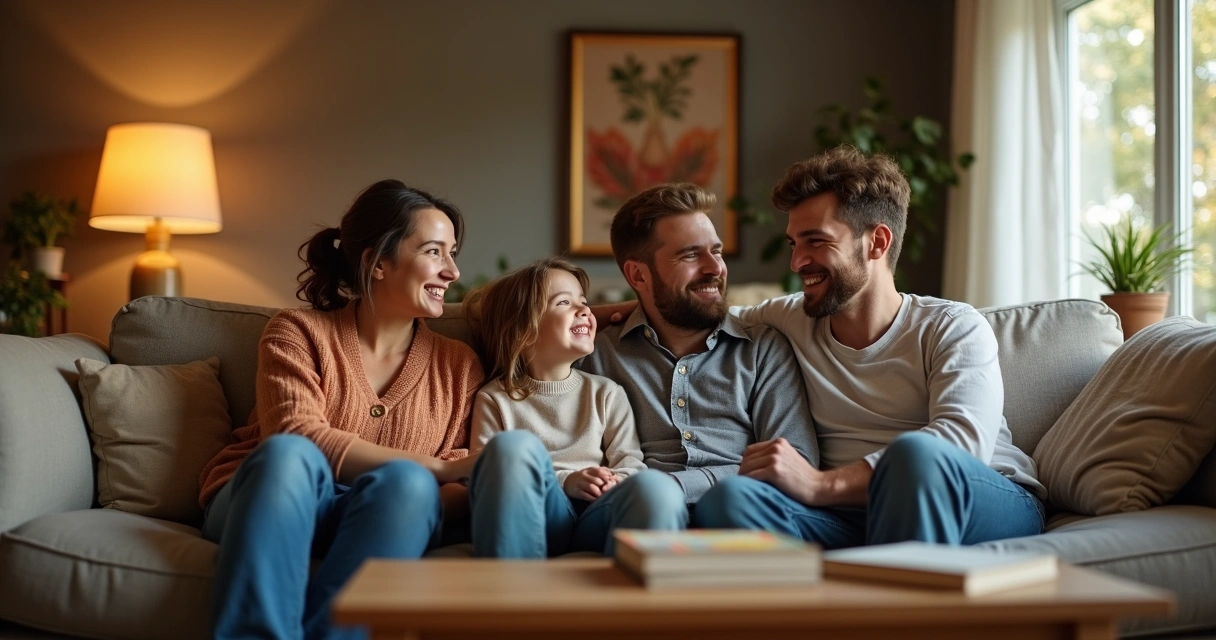 Família reunida em sala de estar, relaxando juntos 