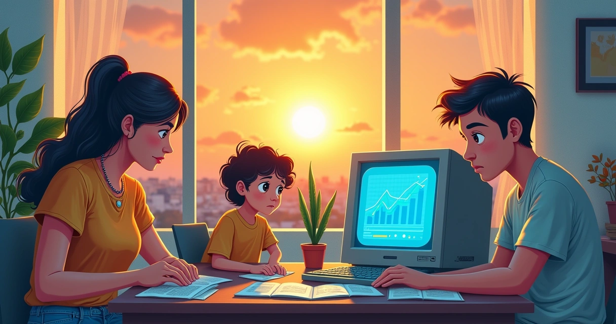 Família em ambiente simples, pai preocupado com contas, criança estudando com livros de finanças e luz do amanhecer ao fundo.