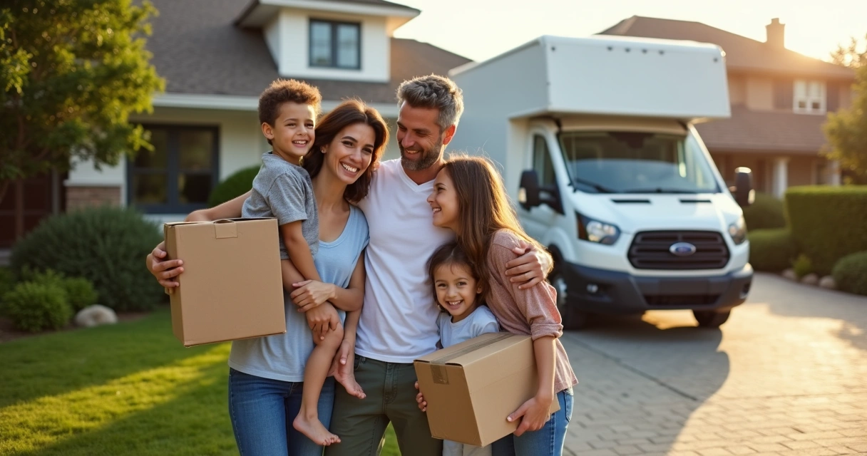 Família se despedindo em frente à casa com caminhão de mudança ao fundo 