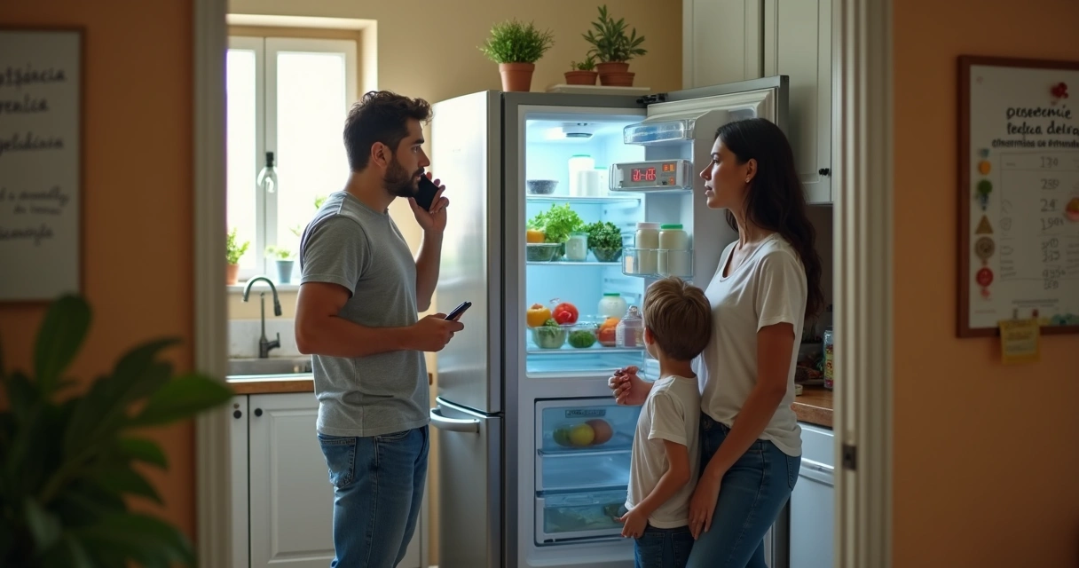 Família observando alimentos em geladeira enquanto homem fala ao telefone na cozinha 