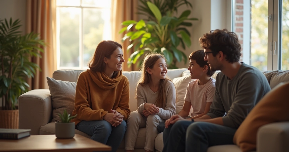 Familia sentada en la sala conversando de forma tranquila 