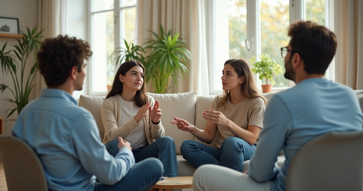 Familia conversando en sala con ambiente de reconciliación