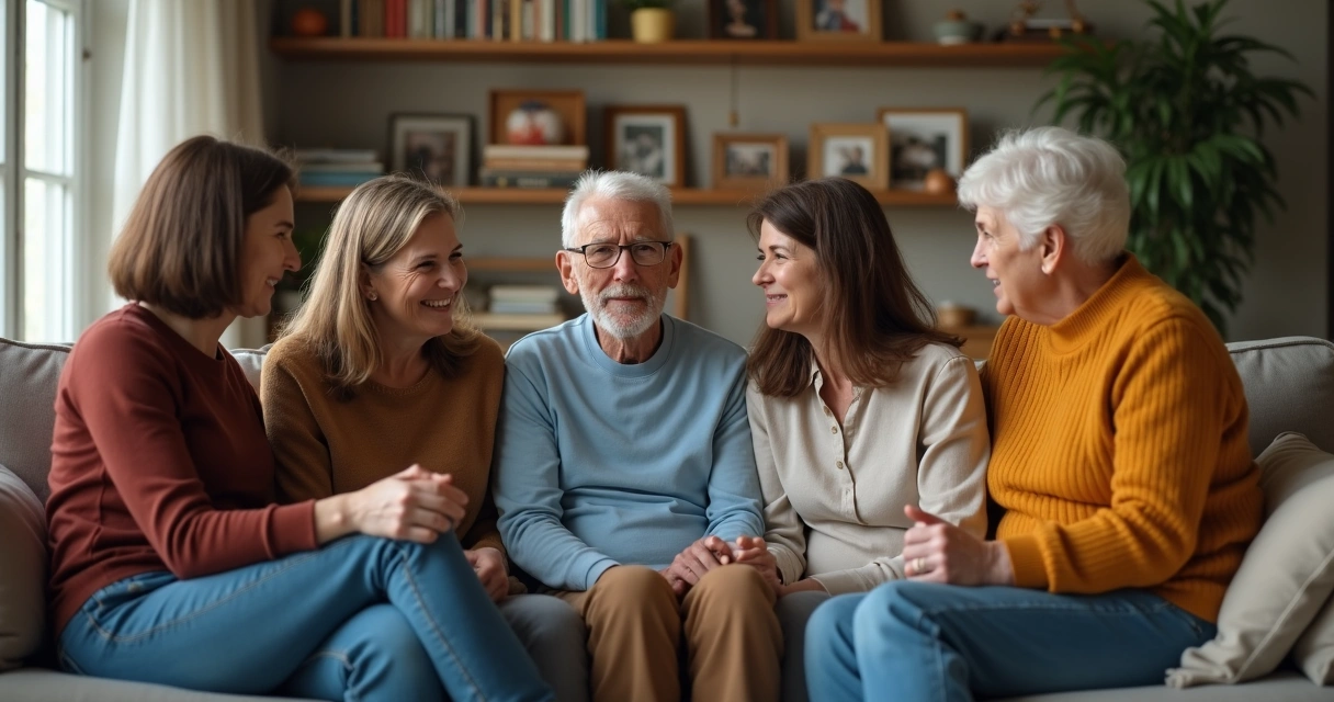 Familia en casa conversando en círculo 