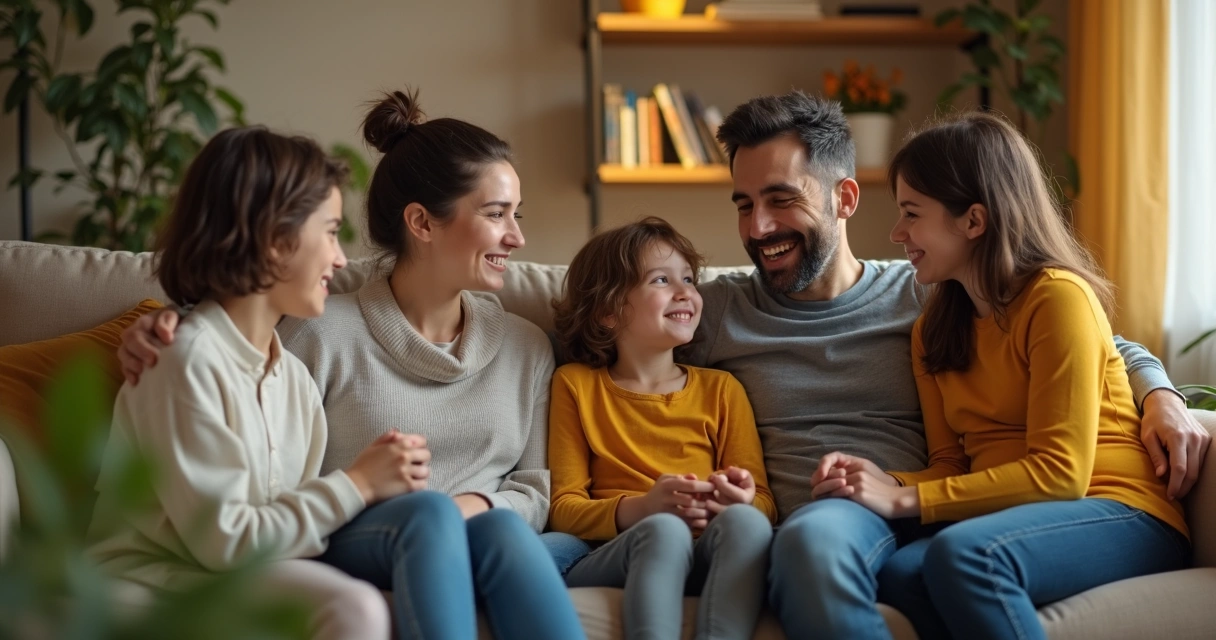 Família conversando de forma respeitosa na sala de casa
