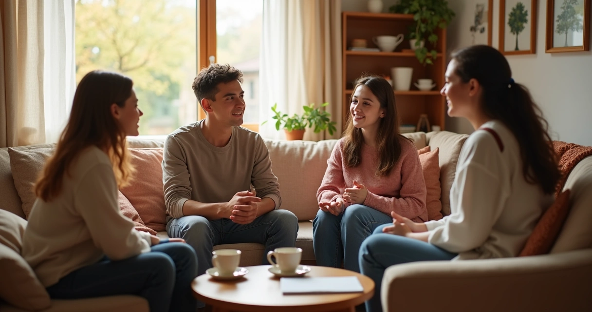 Familia sentada conversando en la sala de estar 