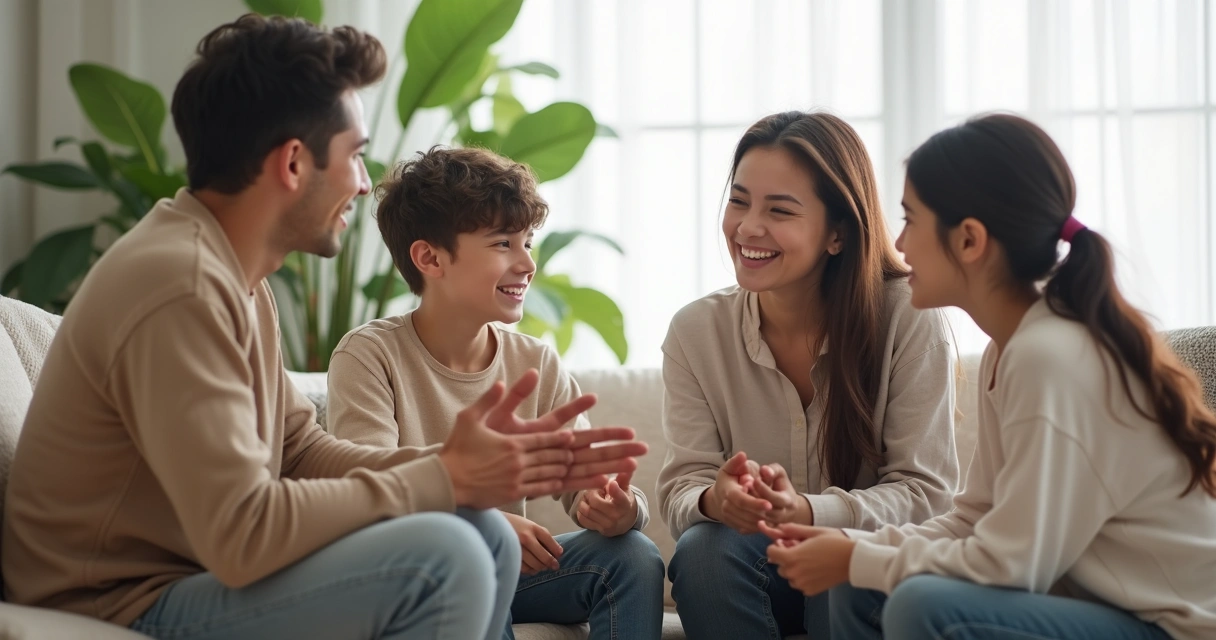 Família sentada em roda conversando de maneira aberta e respeitosa.