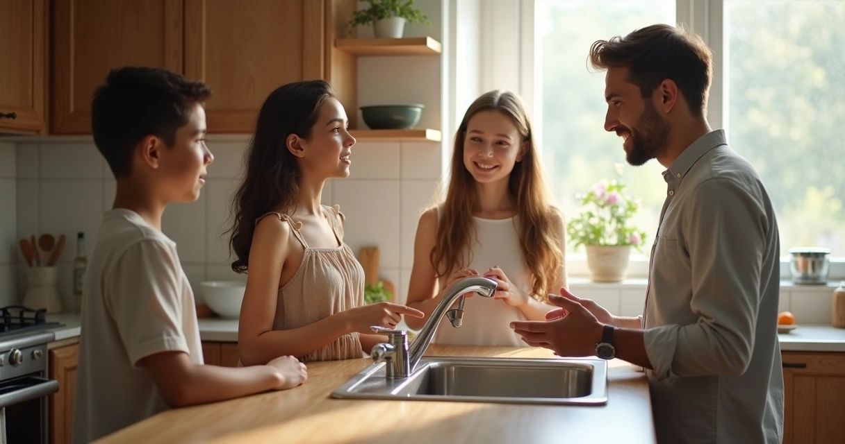 Família conversando de forma respeitosa na cozinha 