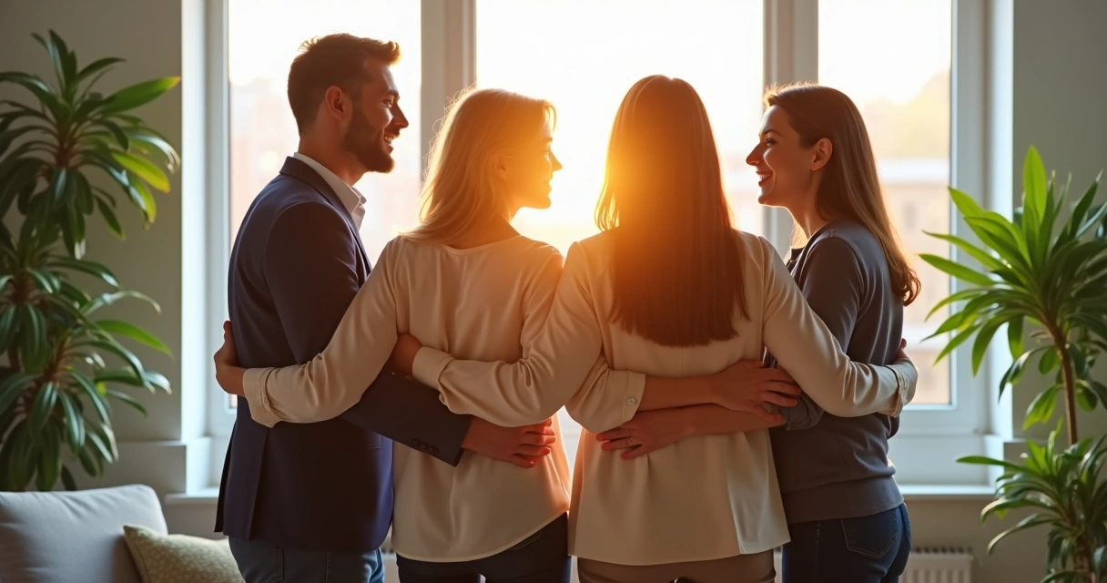 Quatro pessoas conversando abraçadas em ambiente de trabalho. 