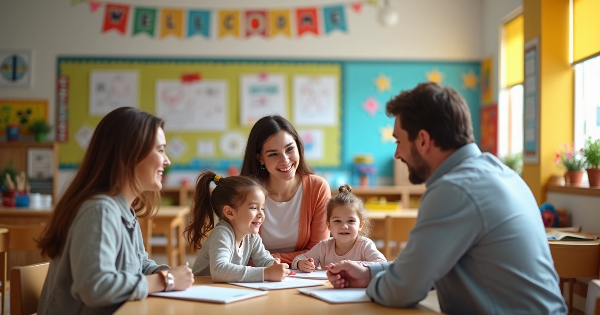 Família dialogando com professores em ambiente escolar colorido 