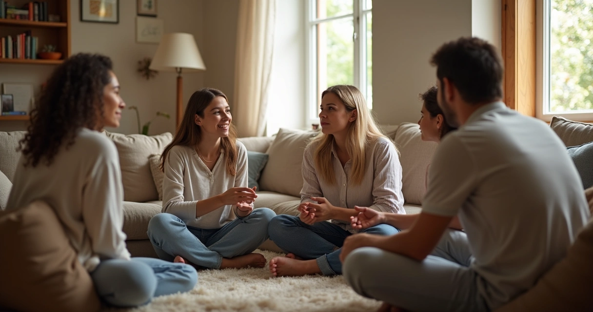 Família em círculo dialogando em ambiente acolhedor 