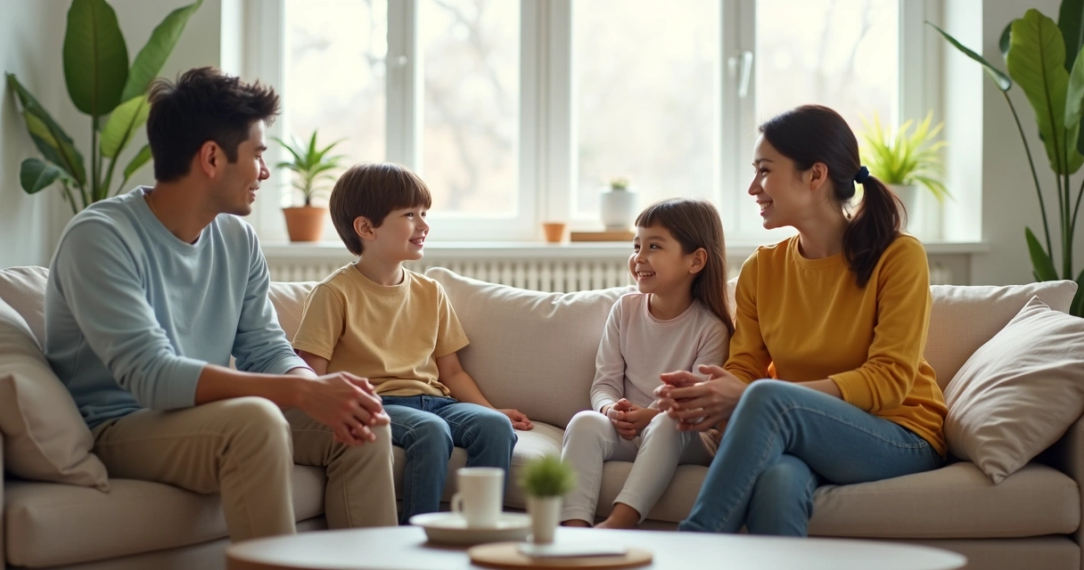 Familia dialogando en el interior de una casa. 