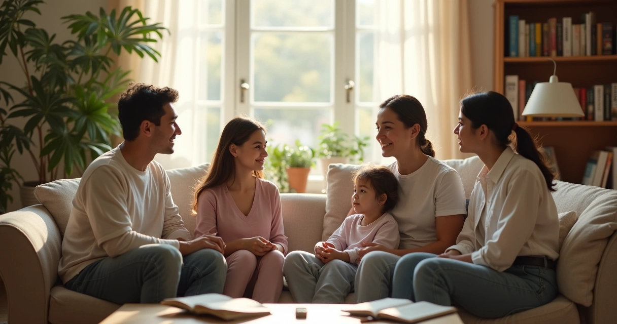 Família sentada em círculo conversando com expressões calmas e atentas