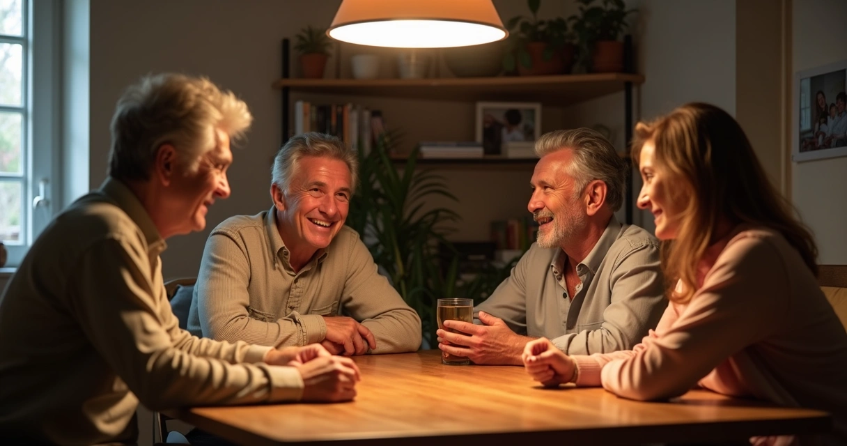 Familia conversando en torno a una mesa, ambiente cálido y hogareño 