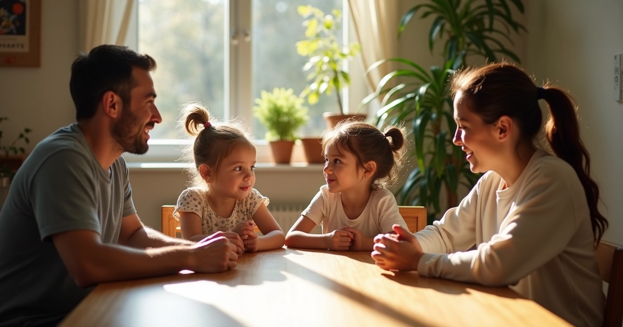 Familia sentada alrededor de una mesa conversando de manera tranquila 