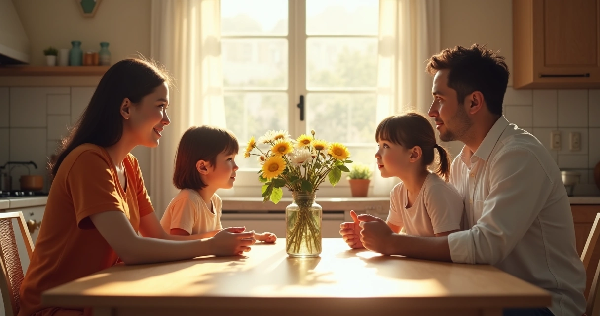 Família conversando reunida à mesa da cozinha