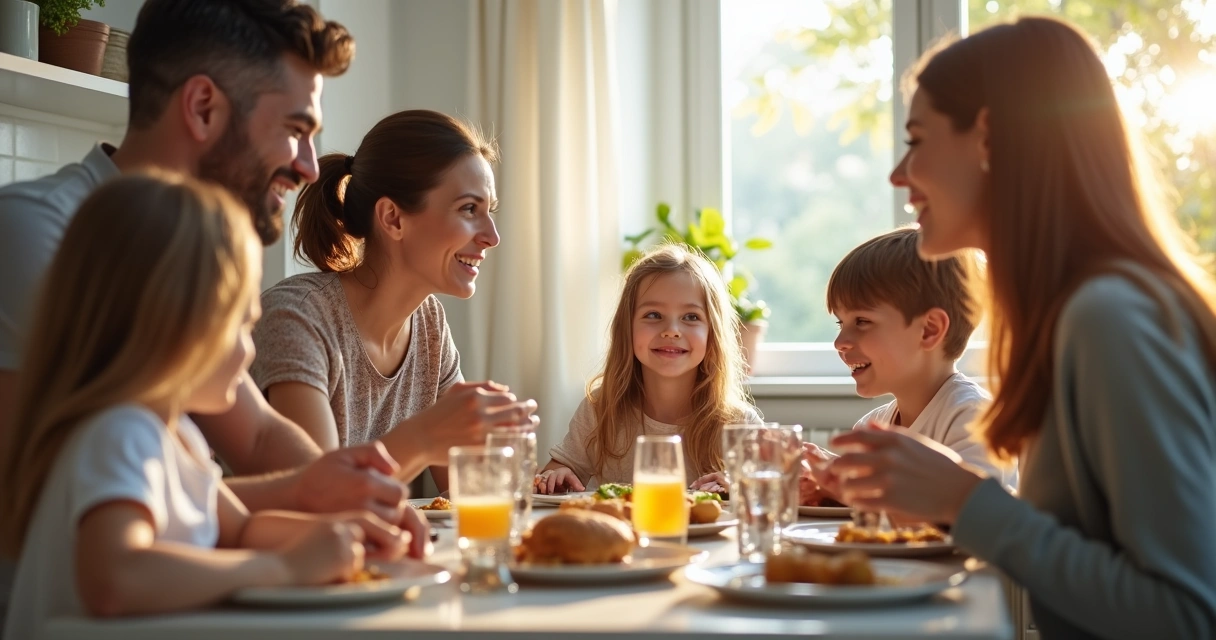 Família reunida conversando ao redor de uma mesa de jantar. 