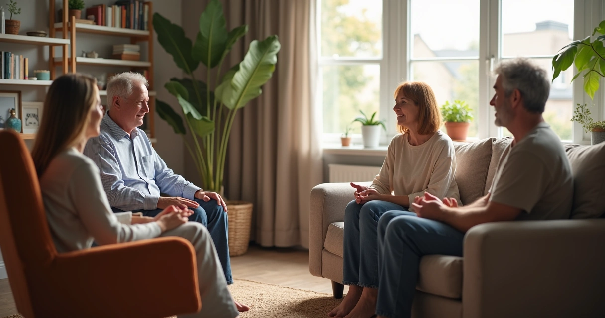 Três adultos conversando sentados em uma sala, com expressão atenta e acolhedora 