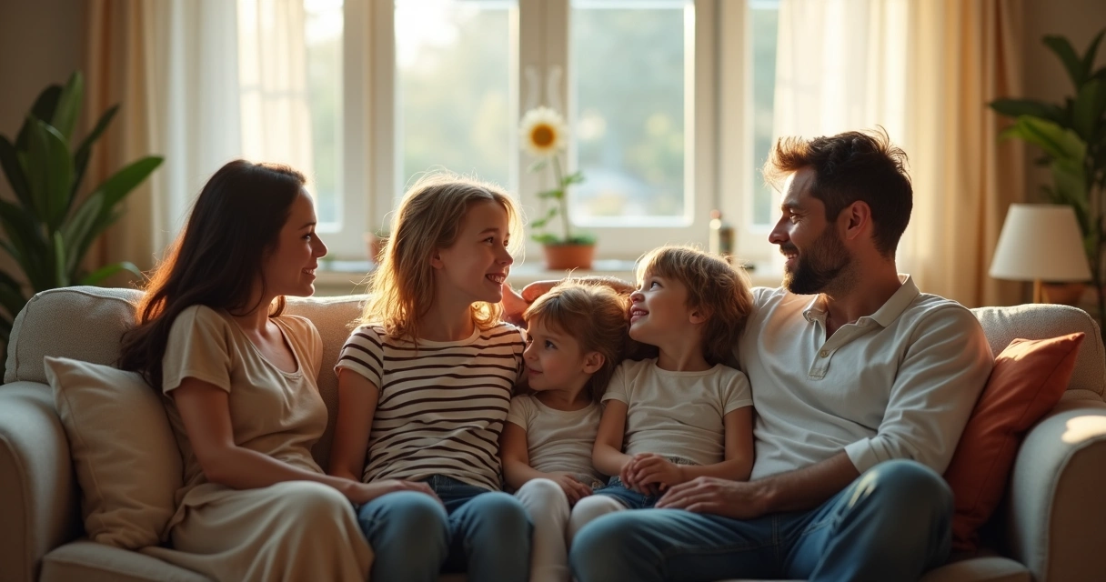 Família conversando tranquilamente em sala de estar bem iluminada 
