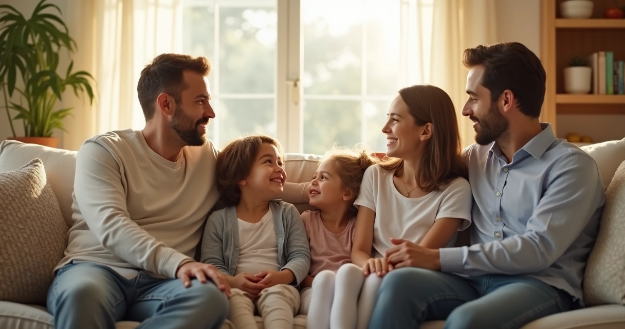 Quatro pessoas sentadas em um sofá conversando de maneira harmoniosa 