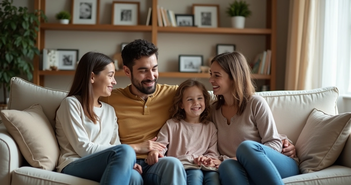 Pais e filhos conversando sentados em sofá, ambiente acolhedor, expressão de atenção e cuidado 