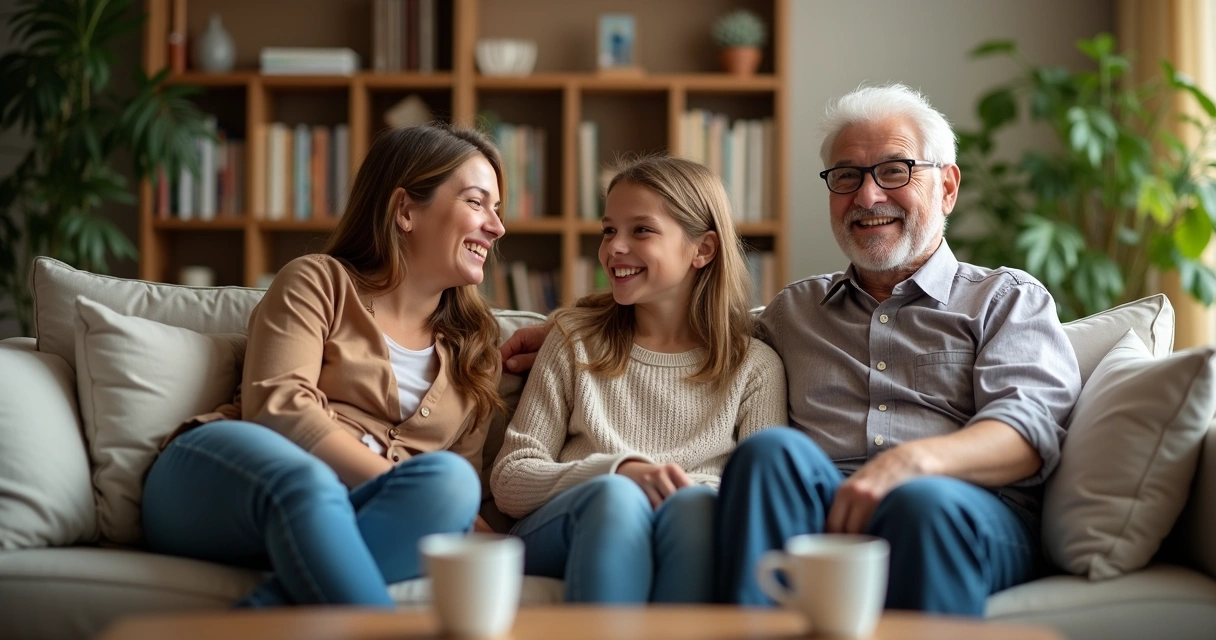 Três pessoas conversando tranquilamente em uma sala de estar