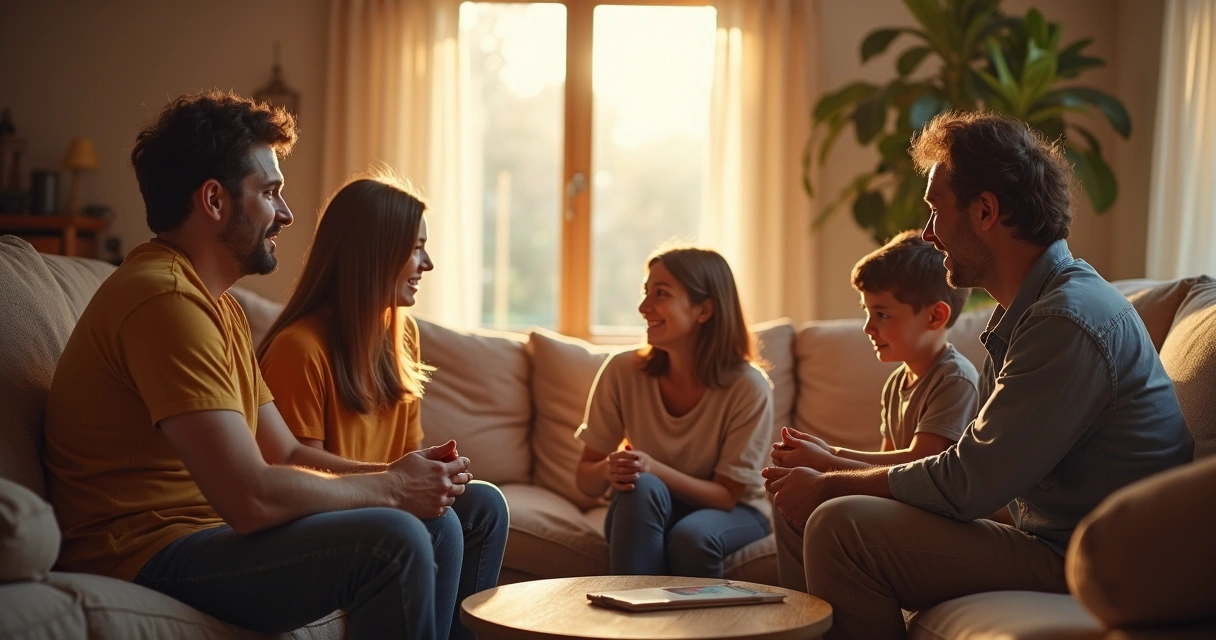 Grupo familiar dialogando sentados en una sala, todos atentos uno al otro 