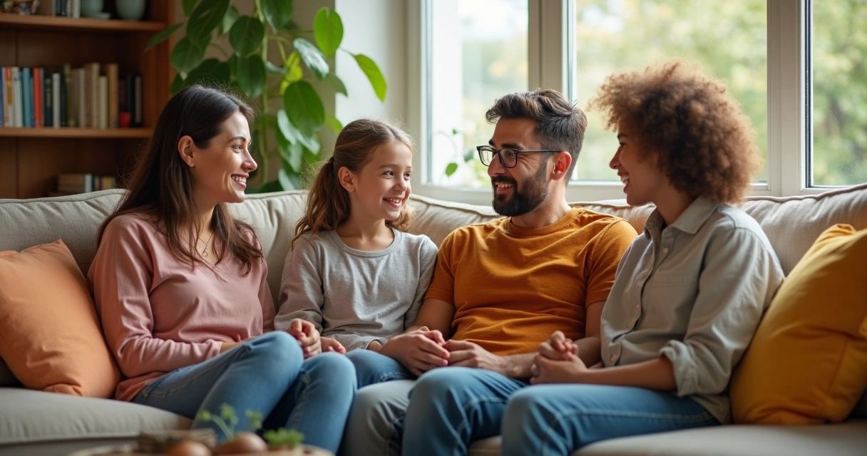 Família sentada na sala conversando de forma tranquila 