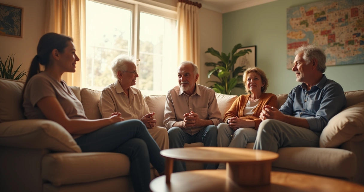 Família sentada em círculo em uma sala de estar, conversando de forma calma 