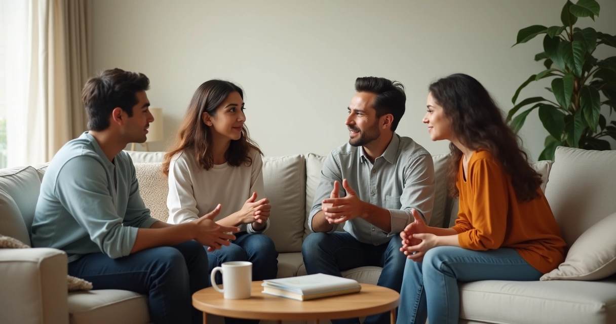 Familia sentada en la sala conversando con calma 
