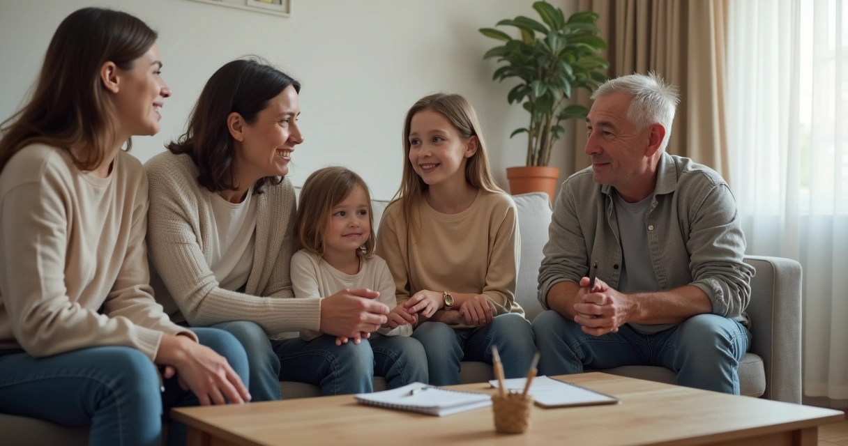 Família dialogando em sala de estar 
